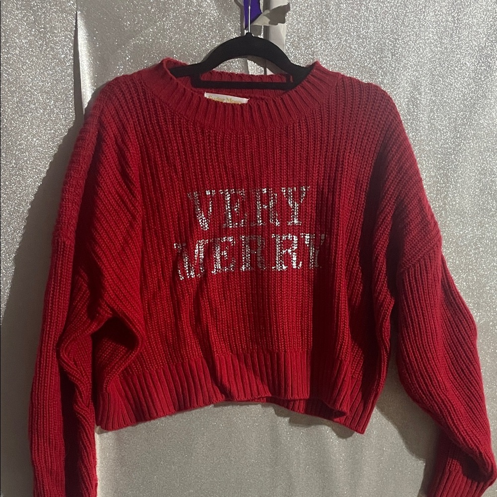 Red Women's Sweater with Festive Print